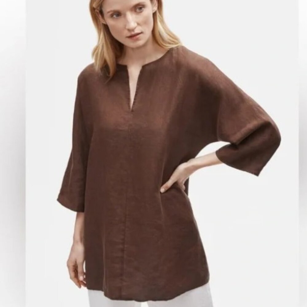 Eileen Fisher Organic Linen Handkerchief Split Neck Tunic Brown Petite S